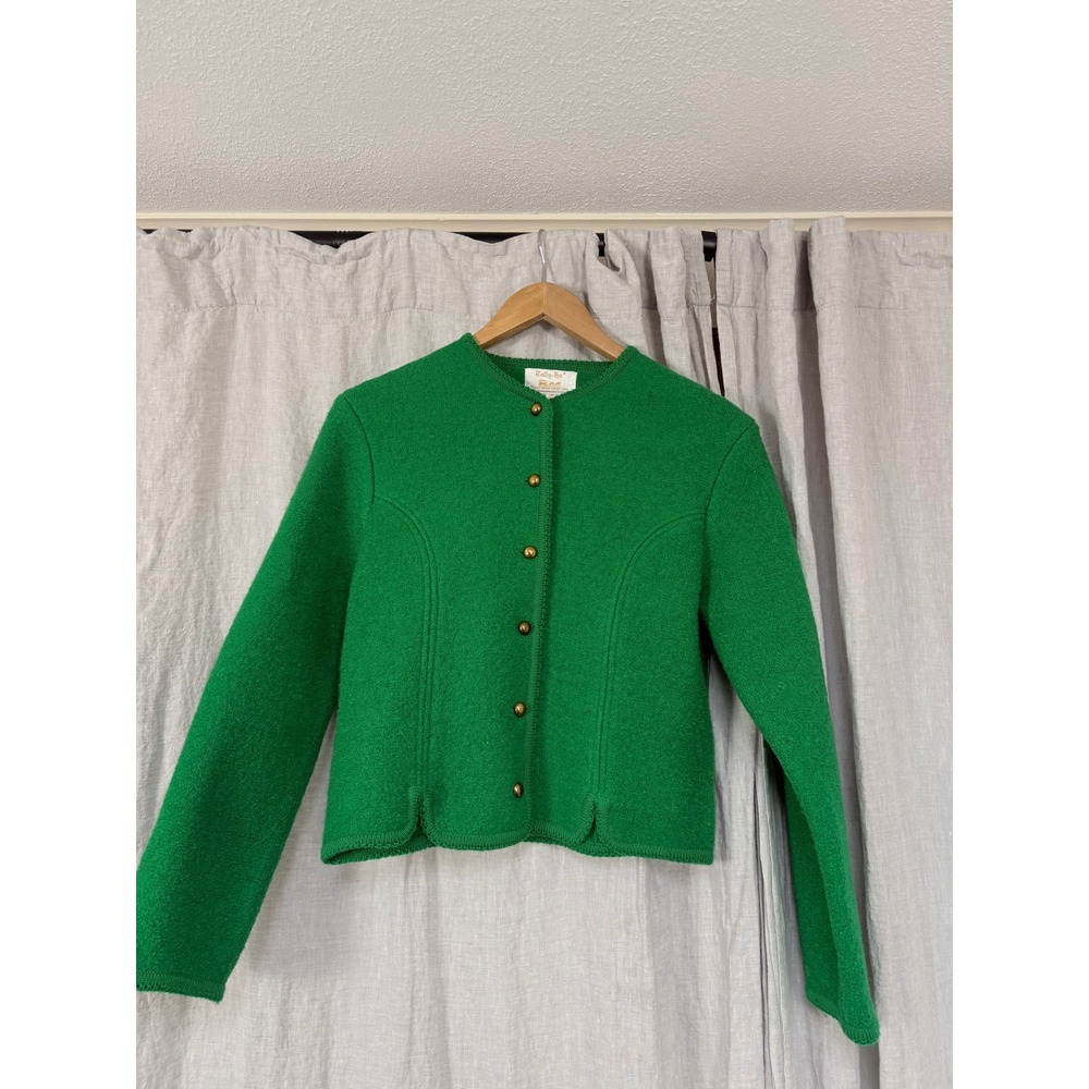 Vintage Tally-Ho Kelly Green Boiled Wool Cardigan Jacket Gold Buttons Scalloped